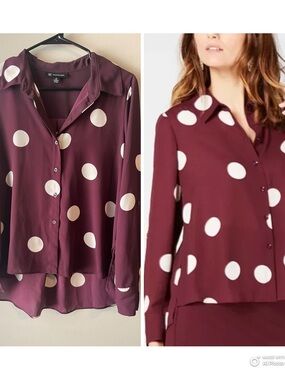 INC International Concepts Burgundy and White Polka Dot Button-Down Shirt